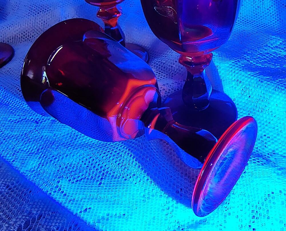 4 Vintage Fostoria Red Argus Stemmed Cordials - UV Reactive